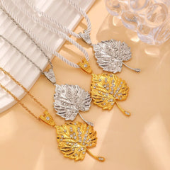 Fashion diamond - encrusted maple leaf pendant necklace female personality exaggerated leaf long sweater chain - Nimall