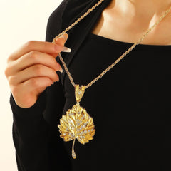 Fashion diamond - encrusted maple leaf pendant necklace female personality exaggerated leaf long sweater chain - Nimall