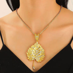 Fashion diamond - encrusted maple leaf pendant necklace female personality exaggerated leaf long sweater chain - Nimall