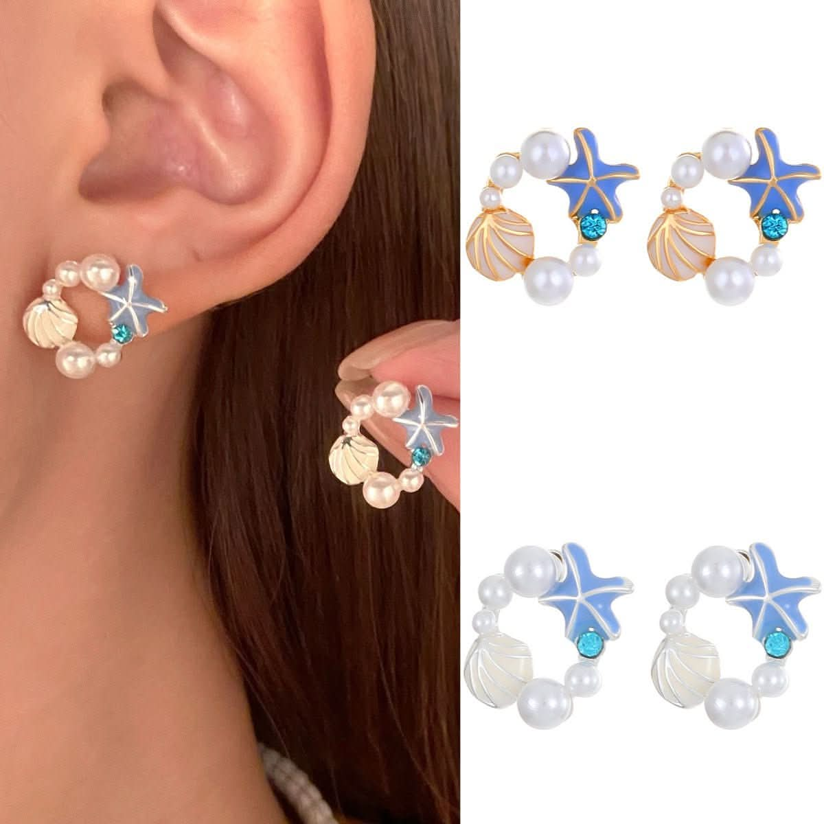 Fashion drop glaze starfish imitation pearl stud earrings - Nimall