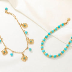 Fashion retro two - piece set alloy turquoise hollow flower bracelet - Nimall