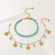 Fashion retro two - piece set alloy turquoise hollow flower bracelet - Nimall