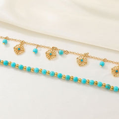 Fashion retro two - piece set alloy turquoise hollow flower bracelet - Nimall