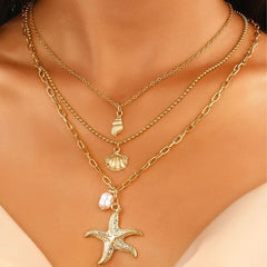 Fashion three - layer starfish pearl pendant necklace women's holiday jewelry - Nimall