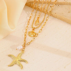 Fashion three - layer starfish pearl pendant necklace women's holiday jewelry - Nimall