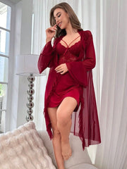 Favorite Mesh Pajama Set Robe Set with Contrast Cuffed Sleeves Womens Lingerie - Nimall