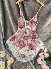 Floral Print Nightgown with Contrast Lace and High Low Flower Mesh Womens Lingerie - Nimall