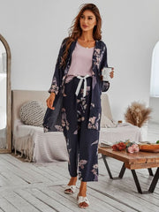 Floral Print Robe Top And Pants Pajama Set Womens Lingerie - Nimall