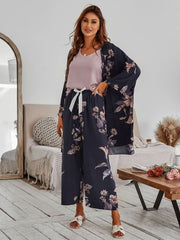 Floral Print Robe Top And Pants Pajama Set Womens Lingerie - Nimall