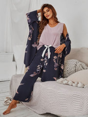 Floral Print Robe Top And Pants Pajama Set Womens Lingerie - Nimall