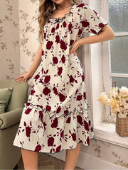 Floral Print Ruffle Trim Long Nightgown Womens Lingerie - Nimall