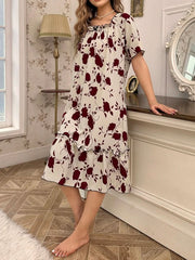 Floral Print Ruffle Trim Long Nightgown Womens Lingerie - Nimall