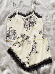 Floral Print Satin Pajama Set With Lace Trim Womens Lingerie - Nimall