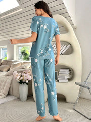 Floral Print Short Sleeve Top And Pants Pajama Set Womens Lingerie - Nimall