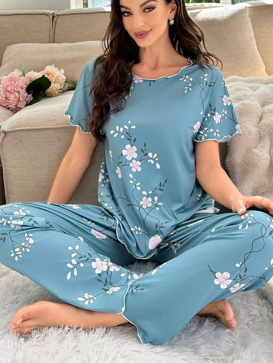 Floral Print Short Sleeve Top And Pants Pajama Set Womens Lingerie - Nimall