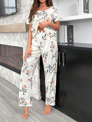 Floral Print Top with Long Pants Decorated With A Bow Womens Lingerie - Nimall