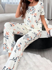 Floral Print Top with Long Pants Decorated With A Bow Womens Lingerie - Nimall