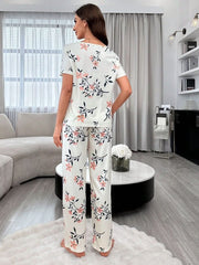 Floral Print Top with Long Pants Decorated With A Bow Womens Lingerie - Nimall