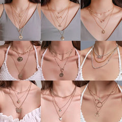 Geometric stacked necklace female retro butterfly love pendant multi - layer collarbone chain - Nimall