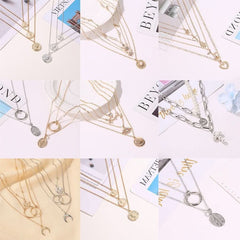 Geometric stacked necklace female retro butterfly love pendant multi - layer collarbone chain - Nimall