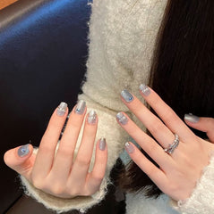 Glacier Secret Mirror Spring and Summer Handmade Nail Wear Blue Glass Beads Cat Eyes White Simple Flash Nail Art - Nimall