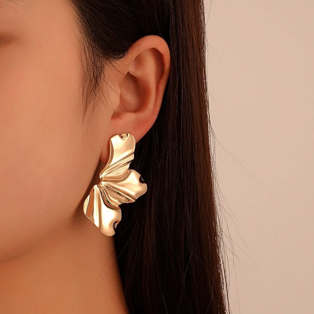 Golden flower stud earrings irregular petal earrings - Nimall