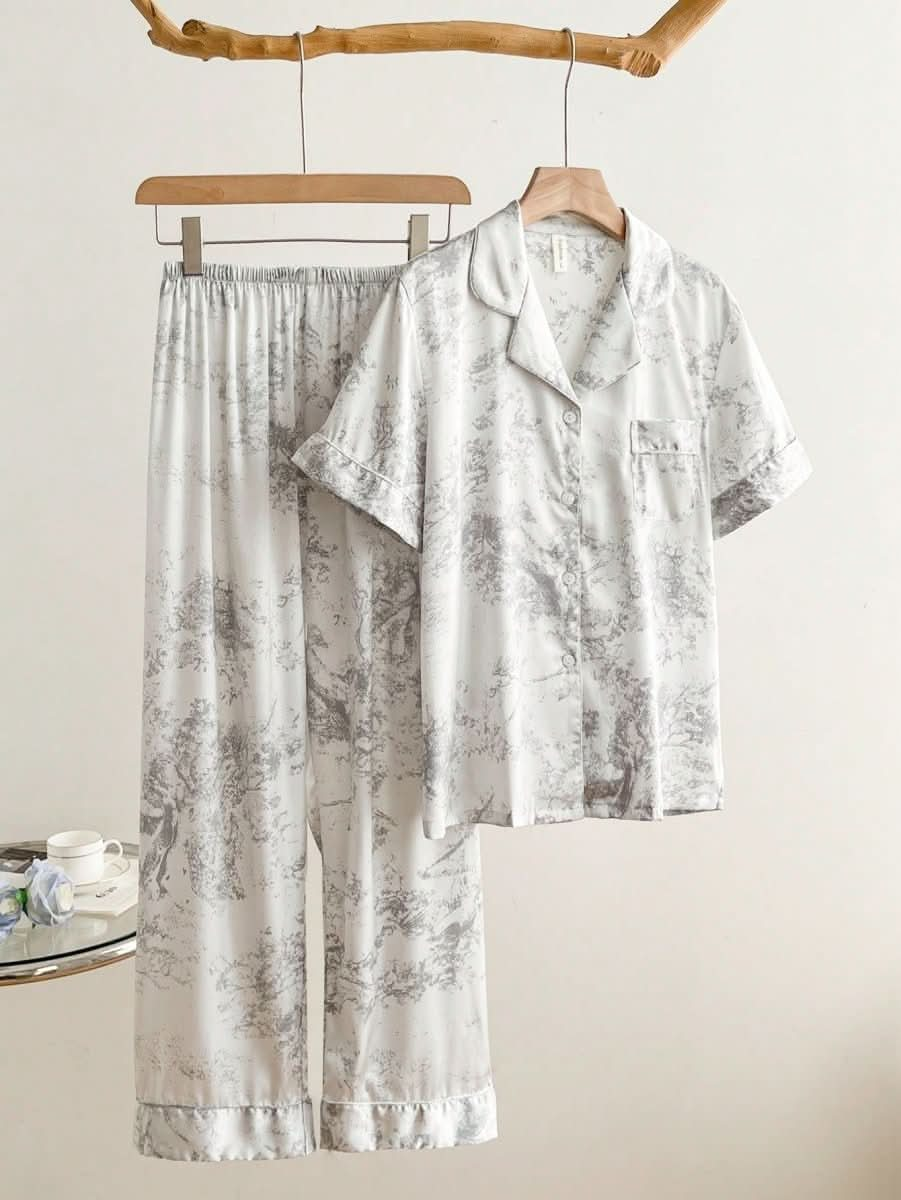 Grey Floral Print Short Sleeve Top And Long Pants With Collar Womens Lingerie - Nimall