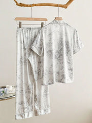 Grey Floral Print Short Sleeve Top And Long Pants With Collar Womens Lingerie - Nimall