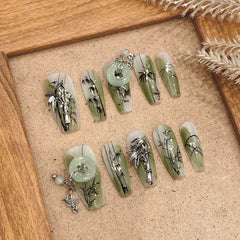 Hand - painted bamboo forest wearing nail jade safety buckle nail art moisturizing jade transparent green circle jade nail drill - Nimall