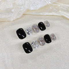 Handmade manicure wearing nail fake nail patch black flash diamond tetragonal smudge short - Nimall