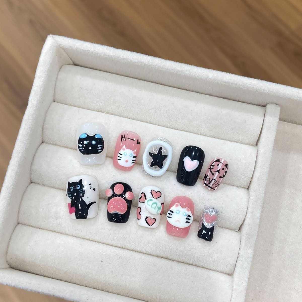 Handmade Wear Nail Dark Night Cat Nail Patch Graffiti Cat White Removable - Nimall