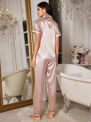 Heart Embroidery Short Sleeve Long Pants Pajama Set Womens Lingerie - Nimall