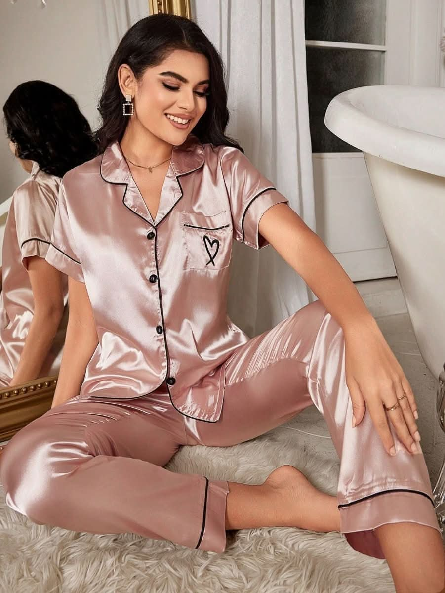 Heart Embroidery Short Sleeve Long Pants Pajama Set Womens Lingerie - Nimall