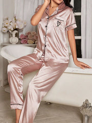 Heart Embroidery Short Sleeve Long Pants Pajama Set Womens Lingerie - Nimall