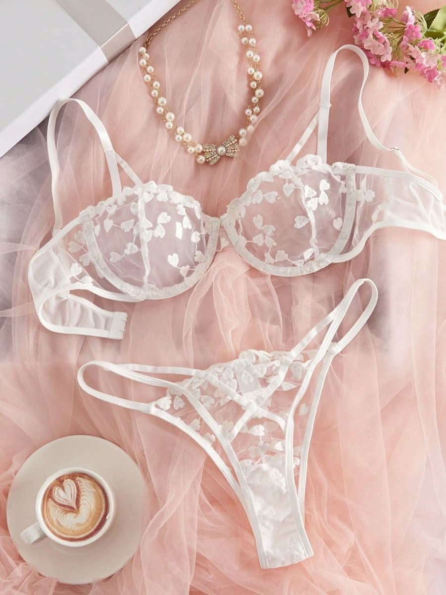 Heart Embroidery Transparent Lingerie Set Bra and Panty Sexy Women's Underwear - Nimall