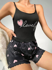 Heart Letter Trim Cami Top and Bowknot Crop Top Womens Lingerie - Nimall