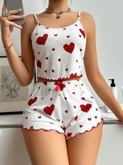 Heart Print Cami Top And Shorts Pajama Set White Womens Lingerie - Nimall