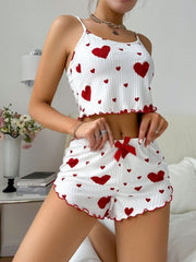 Heart Print Cami Top And Shorts Pajama Set White Womens Lingerie - Nimall