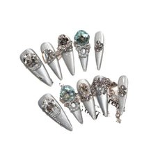 Jiangnan Misty Rain Millennium Spice Girl Series Clear Cat's Eye Blue Handmade Nail Art Luxury Full Diamond Nail Wear - Nimall