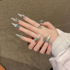 Jiangnan Misty Rain Millennium Spice Girl Series Clear Cat's Eye Blue Handmade Nail Art Luxury Full Diamond Nail Wear - Nimall