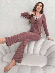 Lace Spot Stripe Pajama Set with Embroidered T-Shirt and Solid Color Pants Womens Lingerie - Nimall