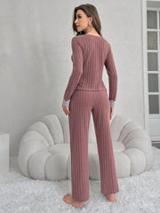 Lace Spot Stripe Pajama Set with Embroidered T-Shirt and Solid Color Pants Womens Lingerie - Nimall