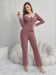 Lace Spot Stripe Pajama Set with Embroidered T-Shirt and Solid Color Pants Womens Lingerie - Nimall