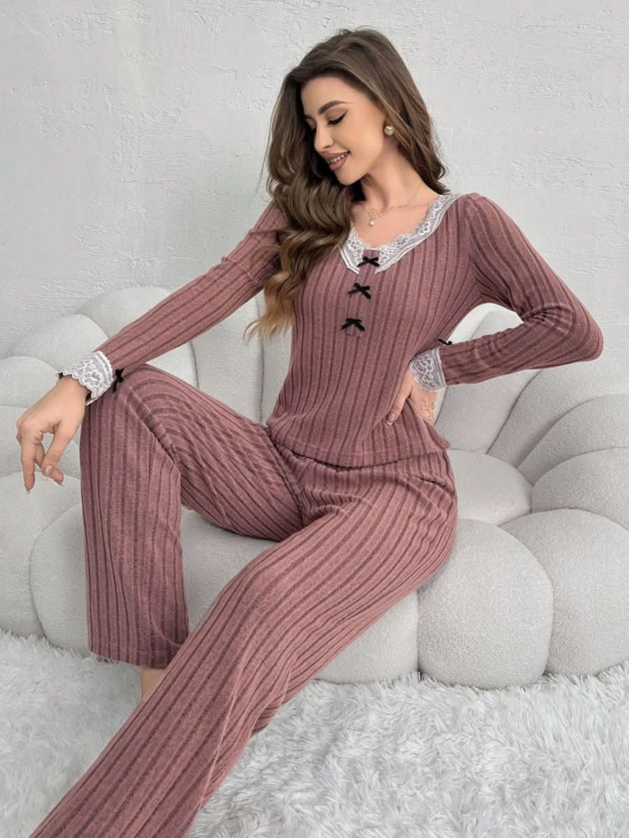 Lace Spot Stripe Pajama Set with Embroidered T-Shirt and Solid Color Pants Womens Lingerie - Nimall