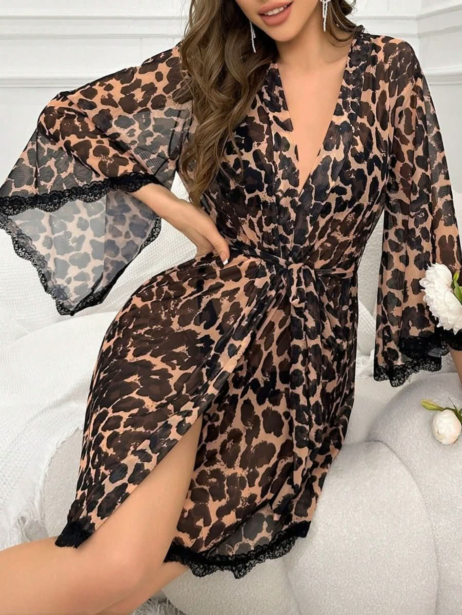 Leopard Print Lace Tied Robe Womens Lingerie - Nimall