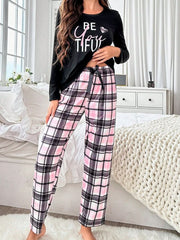 Letter Print Mesh T-Shirt Long Pants Pajama Set Womens Lingerie - Nimall