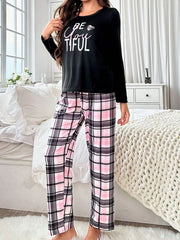 Letter Print Mesh T-Shirt Long Pants Pajama Set Womens Lingerie - Nimall