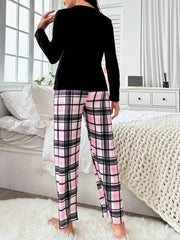 Letter Print Mesh T-Shirt Long Pants Pajama Set Womens Lingerie - Nimall