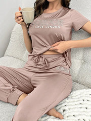 Letter Print Shirt and Drawstring Waist Pants Pajama Set Womens Lingerie - Nimall