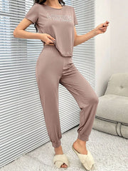 Letter Print Shirt and Drawstring Waist Pants Pajama Set Womens Lingerie - Nimall